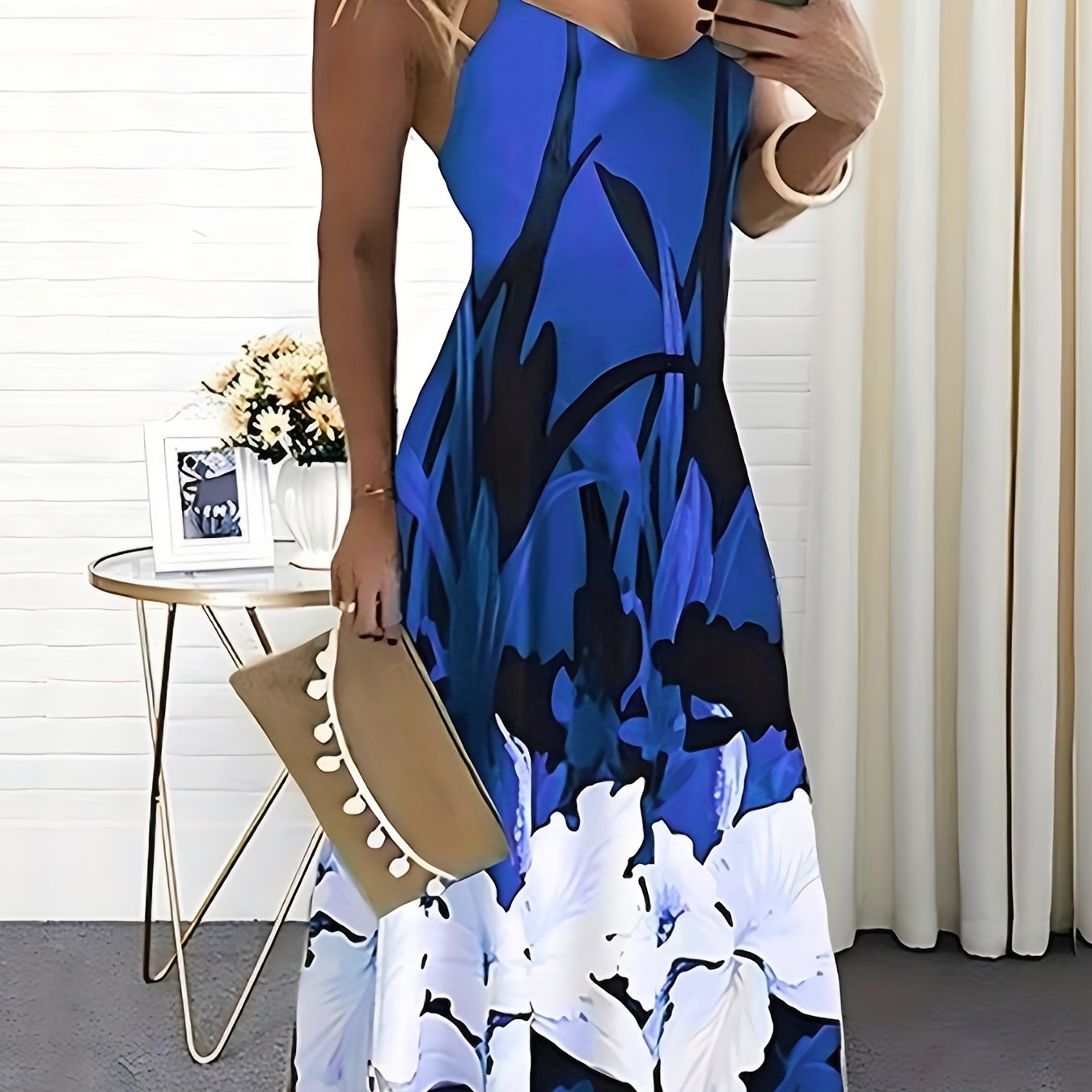 Floral Print Cami Dress, Crew Neck Mini Strap Dress, Casual Every Day Dress, Women's Clothing