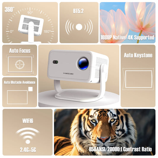 Magcubic 4K L018 Projector 650ANSI Native 1080P Auto Focus & Keystone 360° Rotate Android 11 BT 5.2 WIFI6 Portable Home Theatre