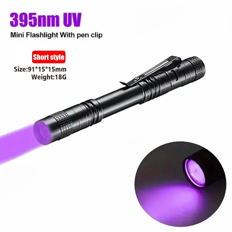UV Flashlight 395nm Ultraviolet Torch With Pen Clip Portable AAA Batteries