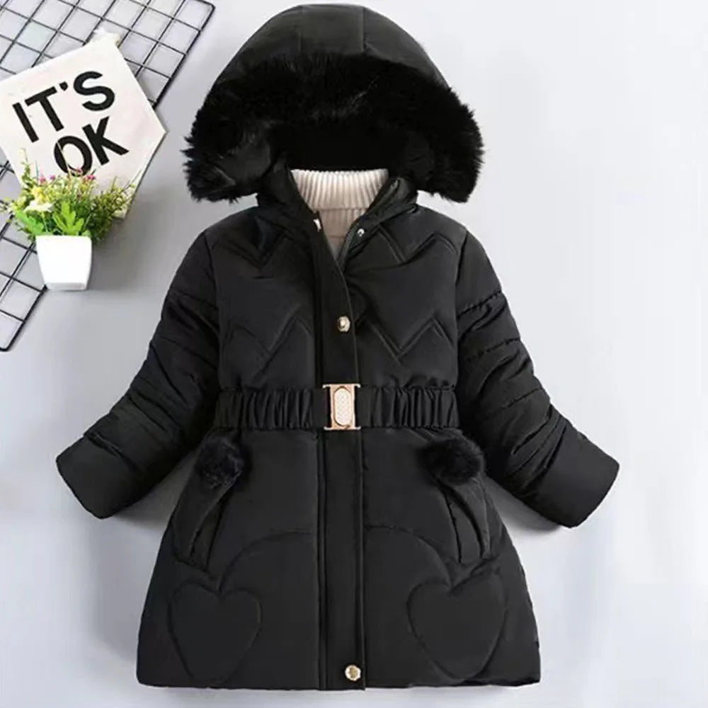 2025 Newyear Clothes Girls Winter Coat Kids Snow Puffer Jacket Hooded Warm With Waist Belt and Pockets