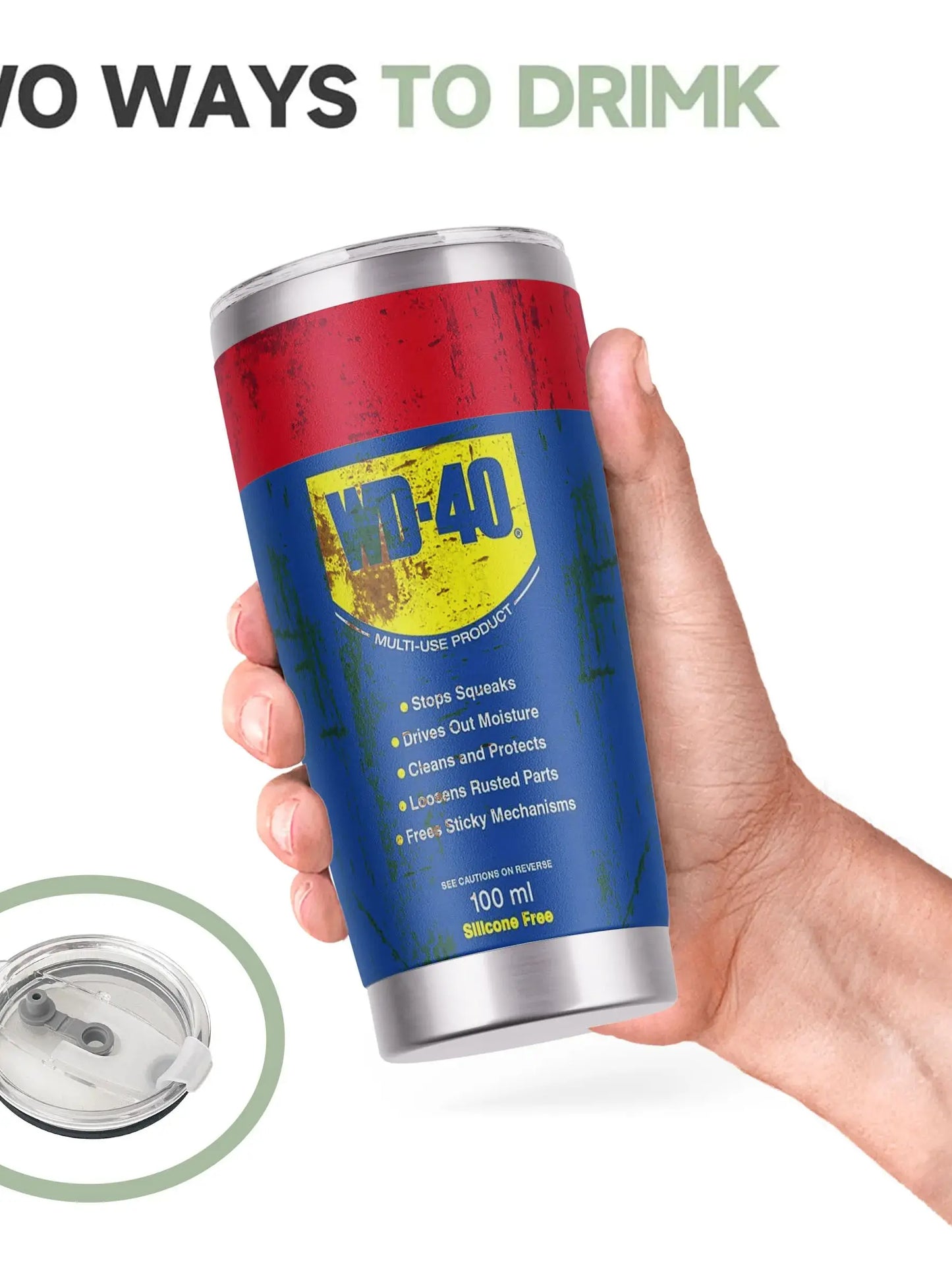 WD-40 Themed Stainless Steel Tumbler, 20 oz, with Straw and Lid, Distressed Design