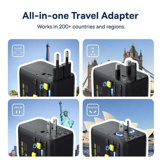 Baseus GaN Charger Universal Travel Adapter Built in 70W Retractable Cable 2AC 2 USB-A Type-C Fast Charging EU/UK/USA/AUS