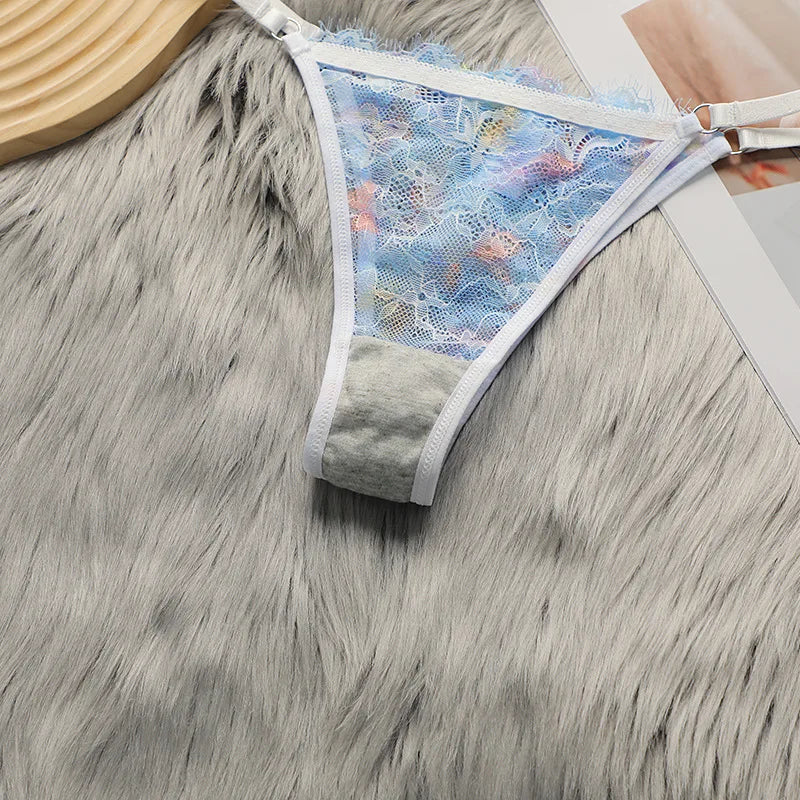 FZCSPEED Women's Sexy Bra Set Butterfly Embroidered Lace Bra Set Underwired Bra Thin Bra Set Blue Gathered Chest Bra