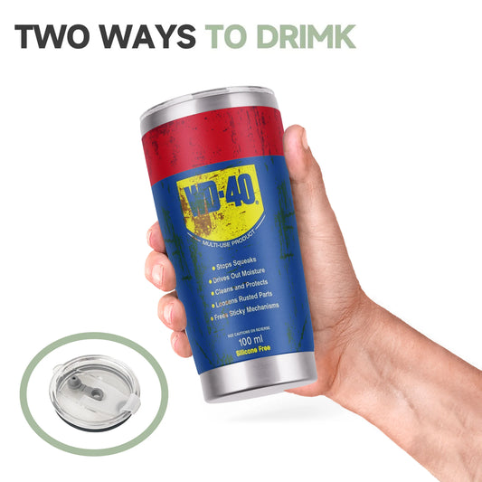 WD-40 Themed Stainless Steel Tumbler, 20 oz, with Straw and Lid, Distressed Design