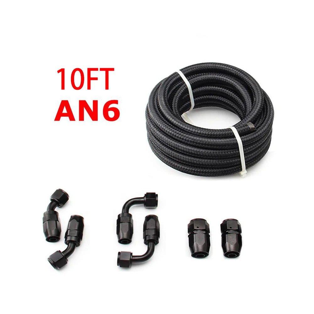 10FT AN6/AN8/AN10 Oil Fuel Fittings Hose End 0+45+90+180 Degree Oil Adaptor Kit Braided Oil Fuel Hose Line 3M Black With Clamps