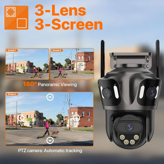 Security Camera Three Screen WIFI IP Camera Outdoor 4K Dual Lens PTZ Camera Ai Human Detection IP66 Waterproof CCTV