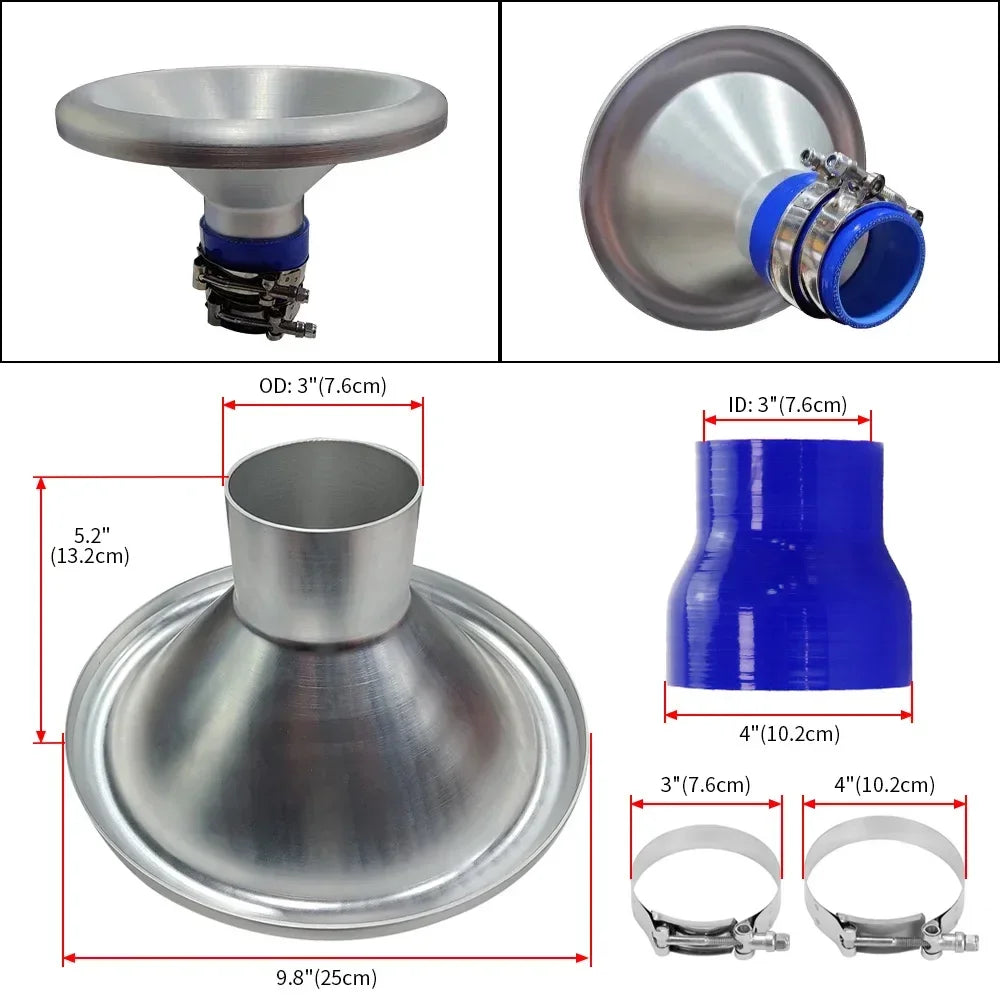 New 4 inch Car Bellmouth Velocity Stack Adapter Air Intake Turbo Horn Tone Air Intake Turbo Horn with 4inch Hose