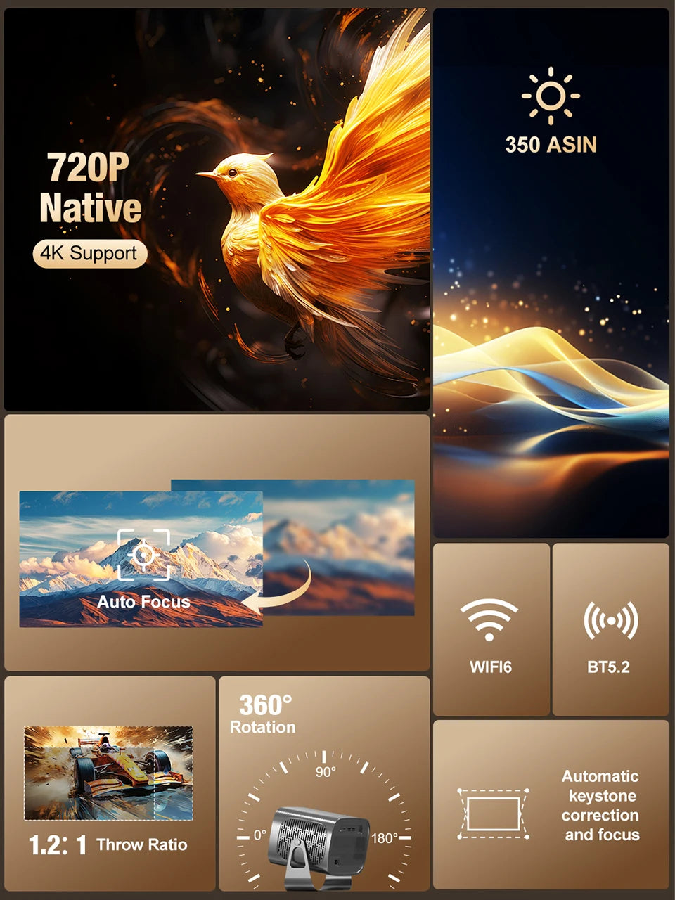 VEVSHAO A12 Projector Mini Portable LED Video Android 13.0 WIFI 6