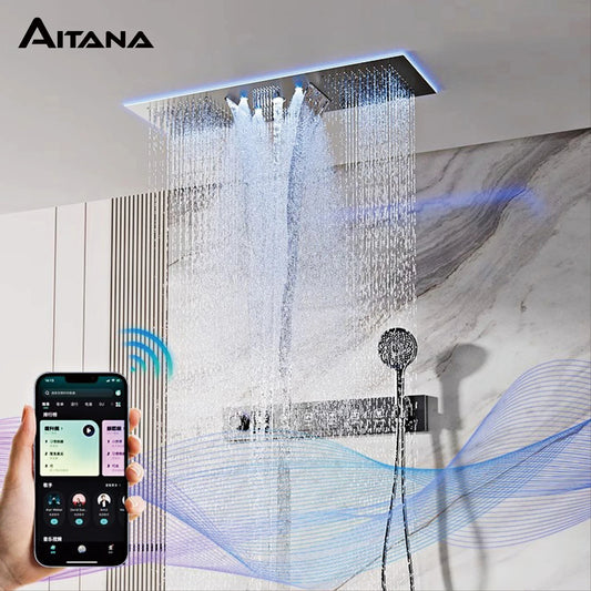 AITANA Luxury Brass Gunmetal LED Display Thermostatic Shower System Bathroom Ceiling embedded concealed giant curtain Rainfall