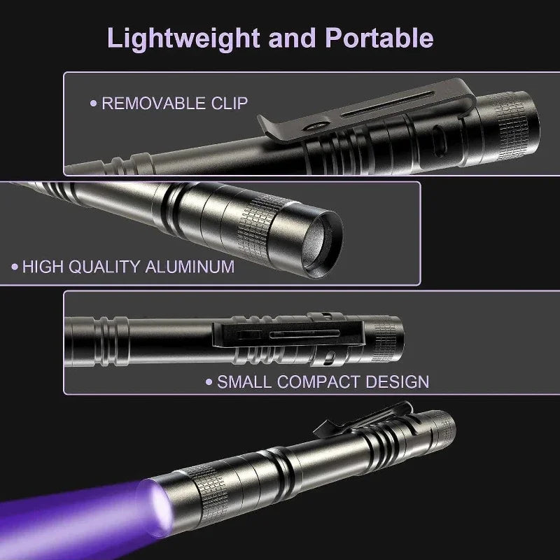 UV Flashlight 395nm Ultraviolet Torch With Pen Clip Portable AAA Batteries