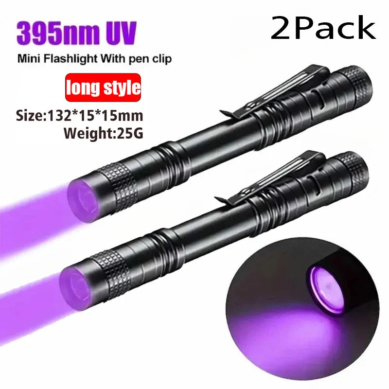 UV Flashlight 395nm Ultraviolet Torch With Pen Clip Portable AAA Batteries