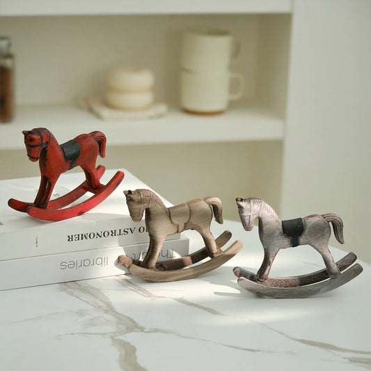 Nordic Retro Wooden Rocking Horse Ornament Desk Decor Balance Art Adornment Creative Hand Carved Animal Figurines Xmas Kids Gift