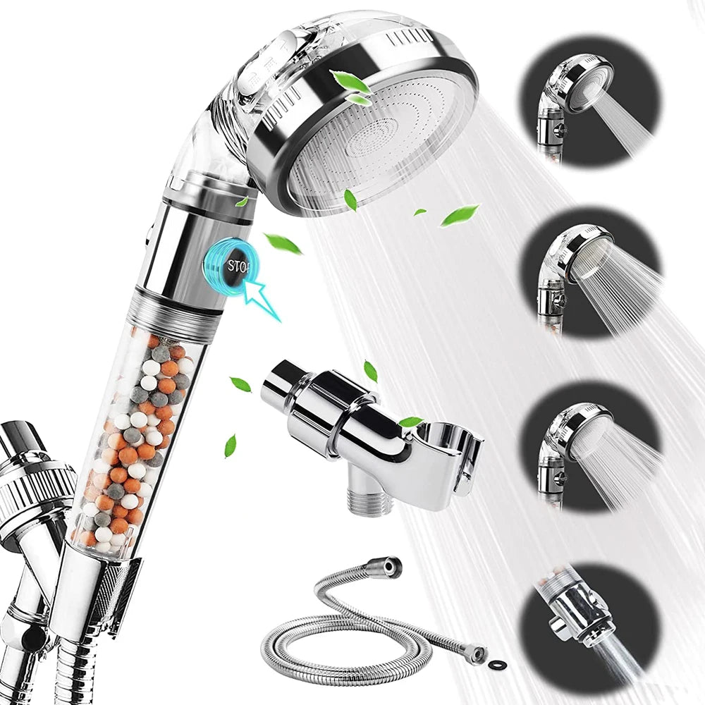 Shower Head High Pressure Water Saving with On/Off Switch Stop Button Ionic Mineral Anion 3 Modes