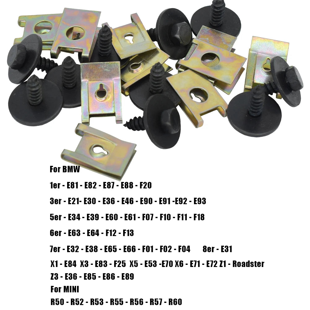 20pc Chassis Engine Guard Metal Nut/Screw Washers U-shape Clip Car Fender Bumper Screws For BMW Hex Speed Fastener 