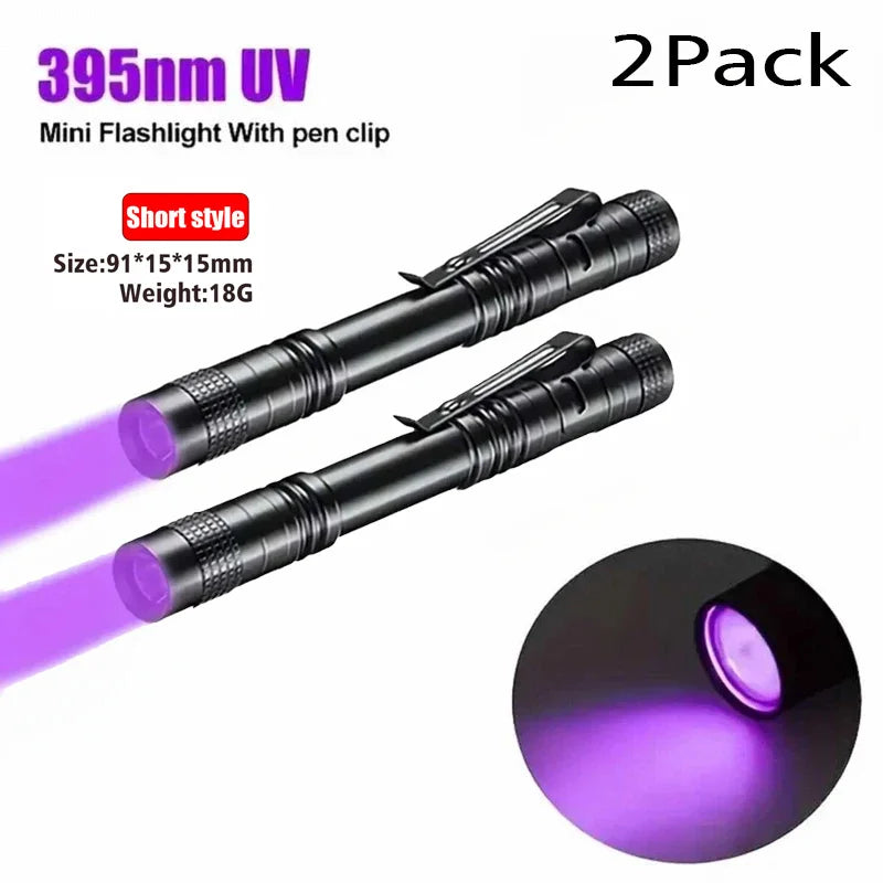 UV Flashlight 395nm Ultraviolet Torch With Pen Clip Portable AAA Batteries