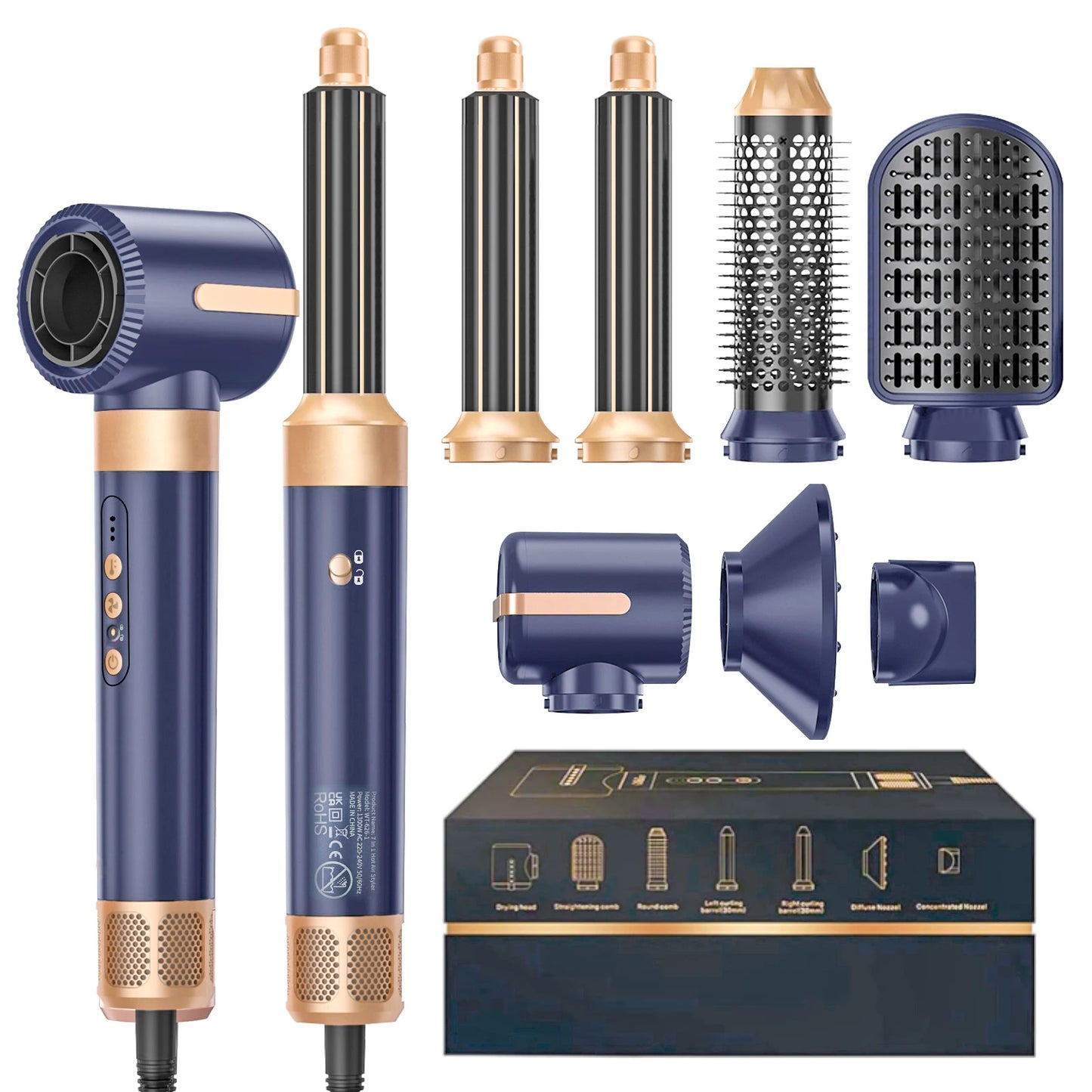 7 In 1 Hair Dryer Brush Brushless High Speed Hair Dryer with Diffuser Ionic Blow Dryer Hot Air Styling Comb Auto Hair Curler