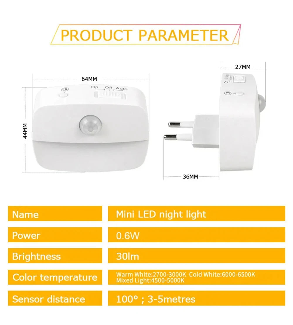 LED Night Light EU Plug In Smart Motion Sensor Light 220V Wall Lamp for Home Aisle