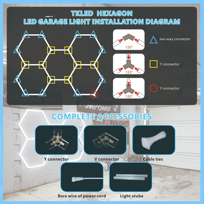 Hexagon Garage Ceiling Light Cold Light garage lights DIY hexagon LED lights hex lights garage Tube AC85-265V Hexagonal Garage Honeycomb lights for Garage Basement Warehouse Auto Beauty Shop Car Detailing Gym Basement Hair S