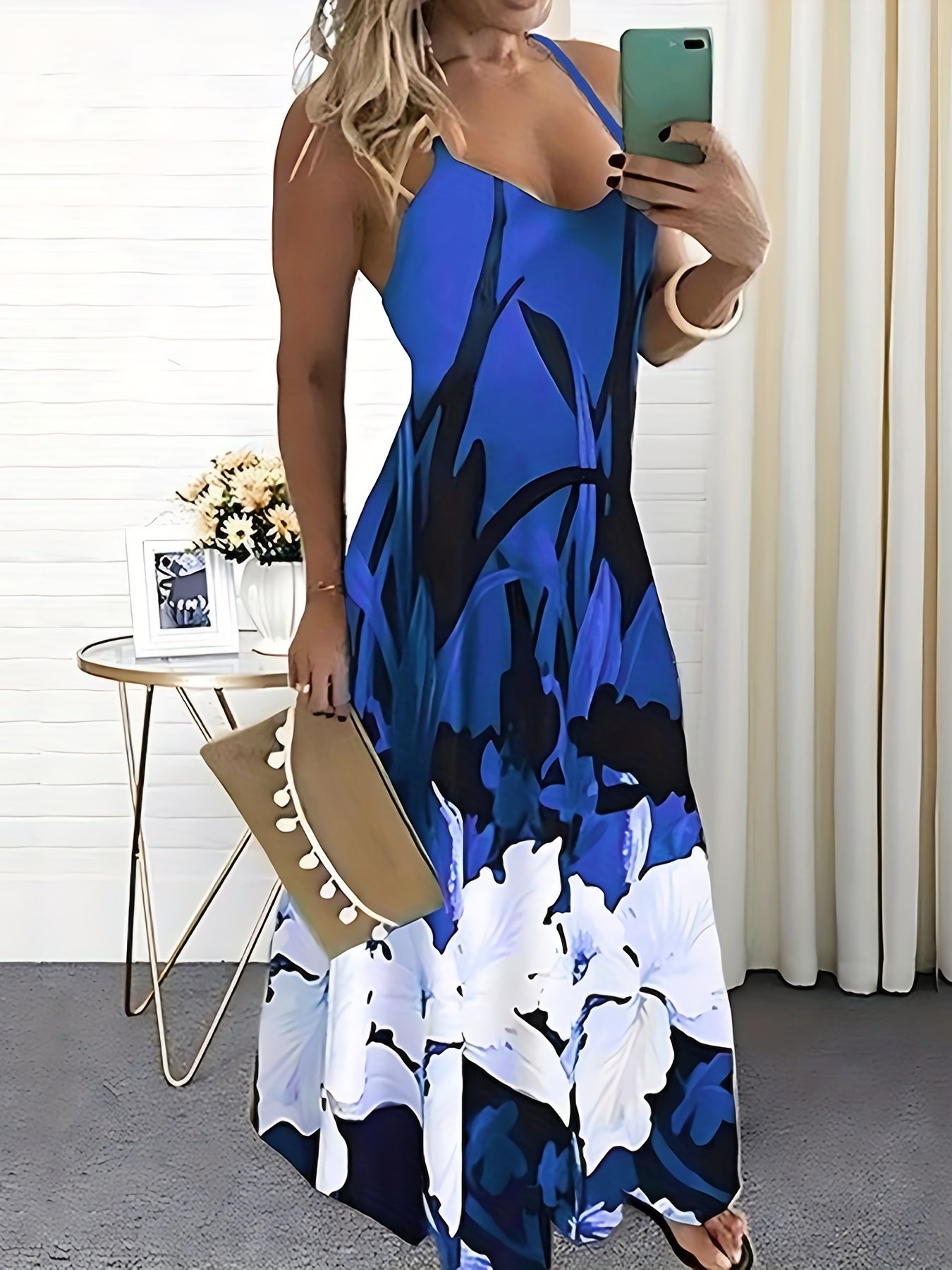 Floral Print Cami Dress, Crew Neck Mini Strap Dress, Casual Every Day Dress, Women's Clothing