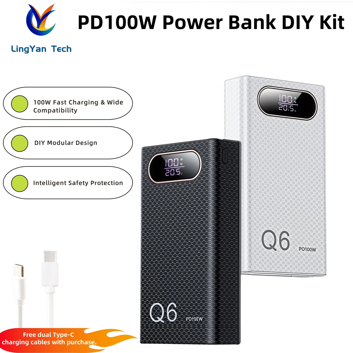 PD100W Fast Charging Power Bank DIY Kit 20V 5A 6x 21700 Battery Pack Portable No Soldering Easy Assemble