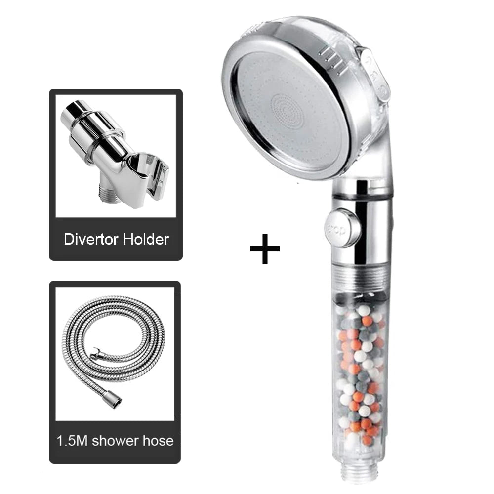 Shower Head High Pressure Water Saving with On/Off Switch Stop Button Ionic Mineral Anion 3 Modes