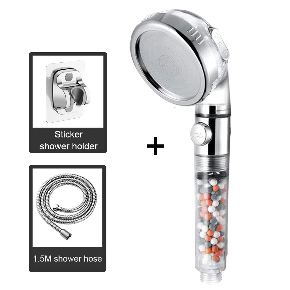 Shower Head High Pressure Water Saving with On/Off Switch Stop Button Ionic Mineral Anion 3 Modes