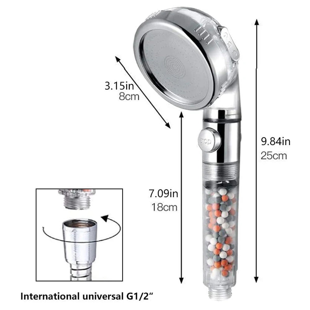 Shower Head High Pressure Water Saving with On/Off Switch Stop Button Ionic Mineral Anion 3 Modes