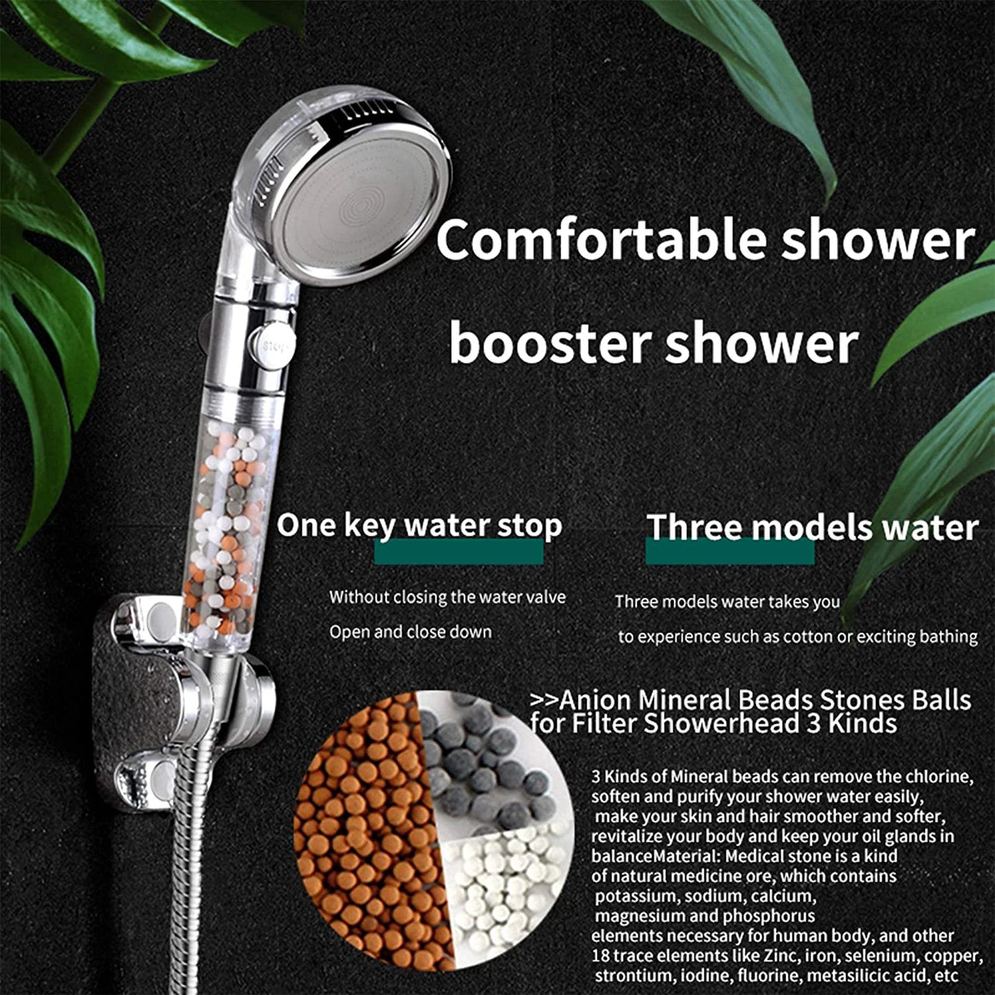 Shower Head High Pressure Water Saving with On/Off Switch Stop Button Ionic Mineral Anion 3 Modes