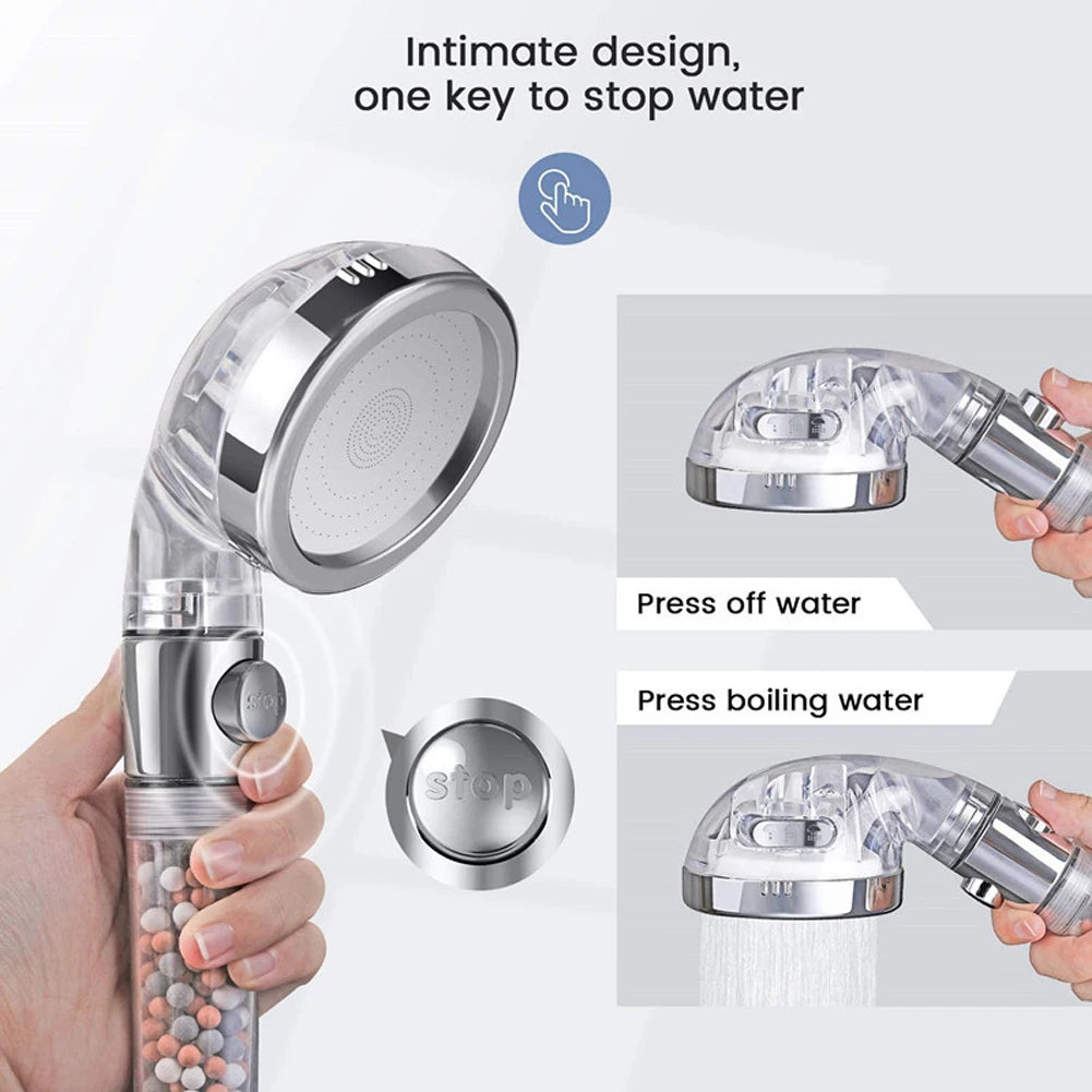 Shower Head High Pressure Water Saving with On/Off Switch Stop Button Ionic Mineral Anion 3 Modes