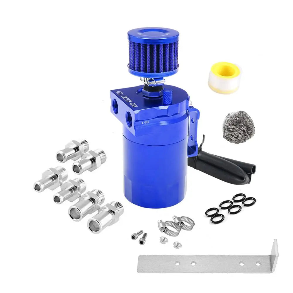 Car Baffled Oil Catch Can Reservoir Tank with Air Filter Breather Baffled Aluminum Fittings Oil Dipstick Hole Breathable Kettle