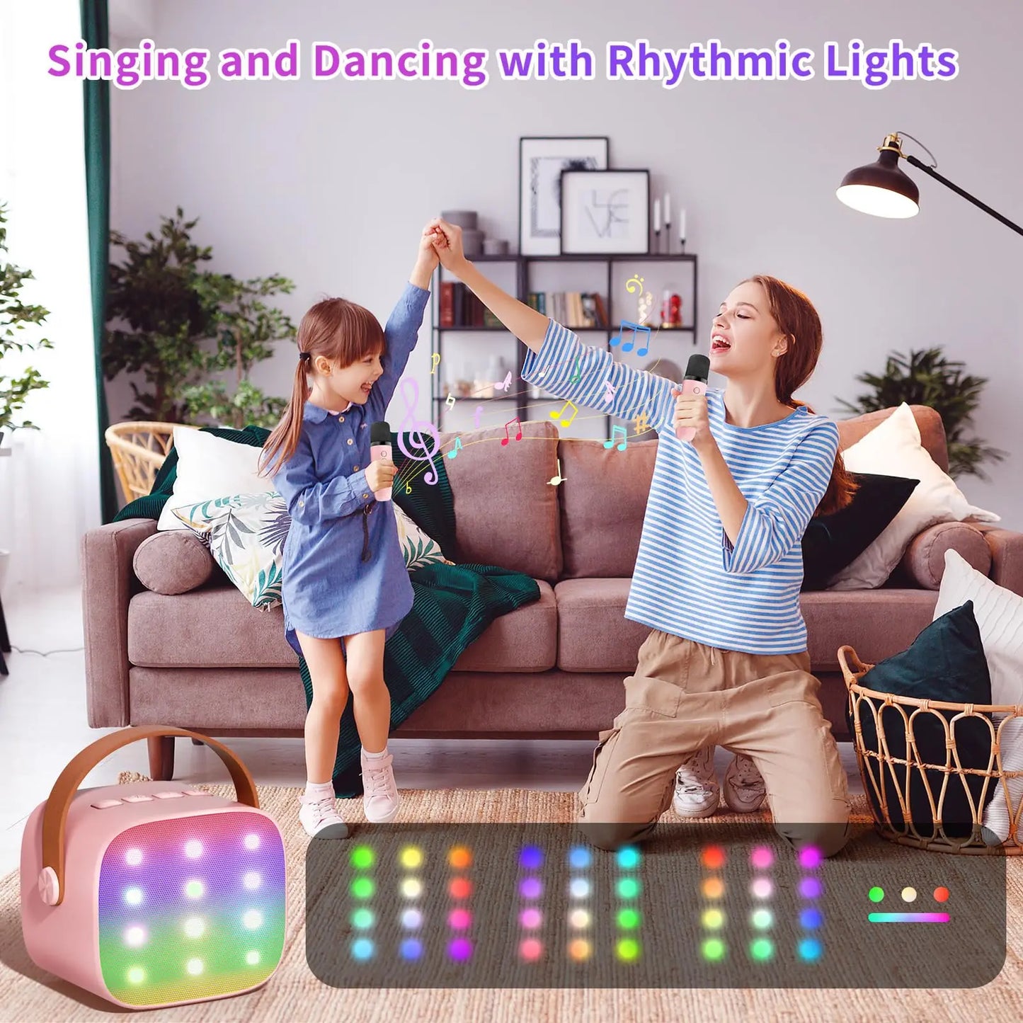 Mini Karaoke Machine Portable Bluetooth 5.3 PA Speaker with 2 Wireless Microphones for Home Family Singing Gift K12