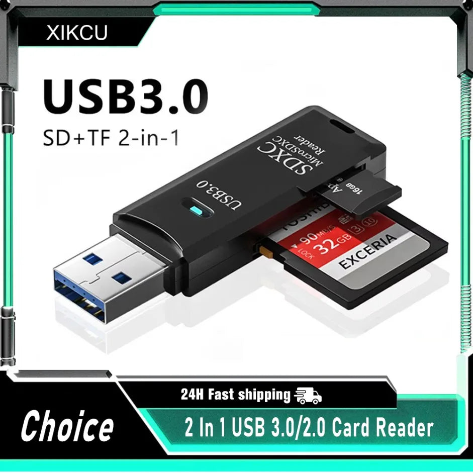 Multi Functional 2 In 1 High-speed USB 3.0/2.0 Card Reader Supports TF+SD
