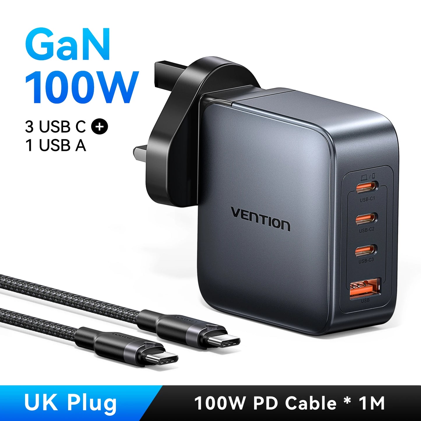 Vention 100W GaN Charger 4 Ports USB C Charger Quick Charge For Macbook Laptop Tablet PD Fast Charger For iPhone 16 15 14 Pro