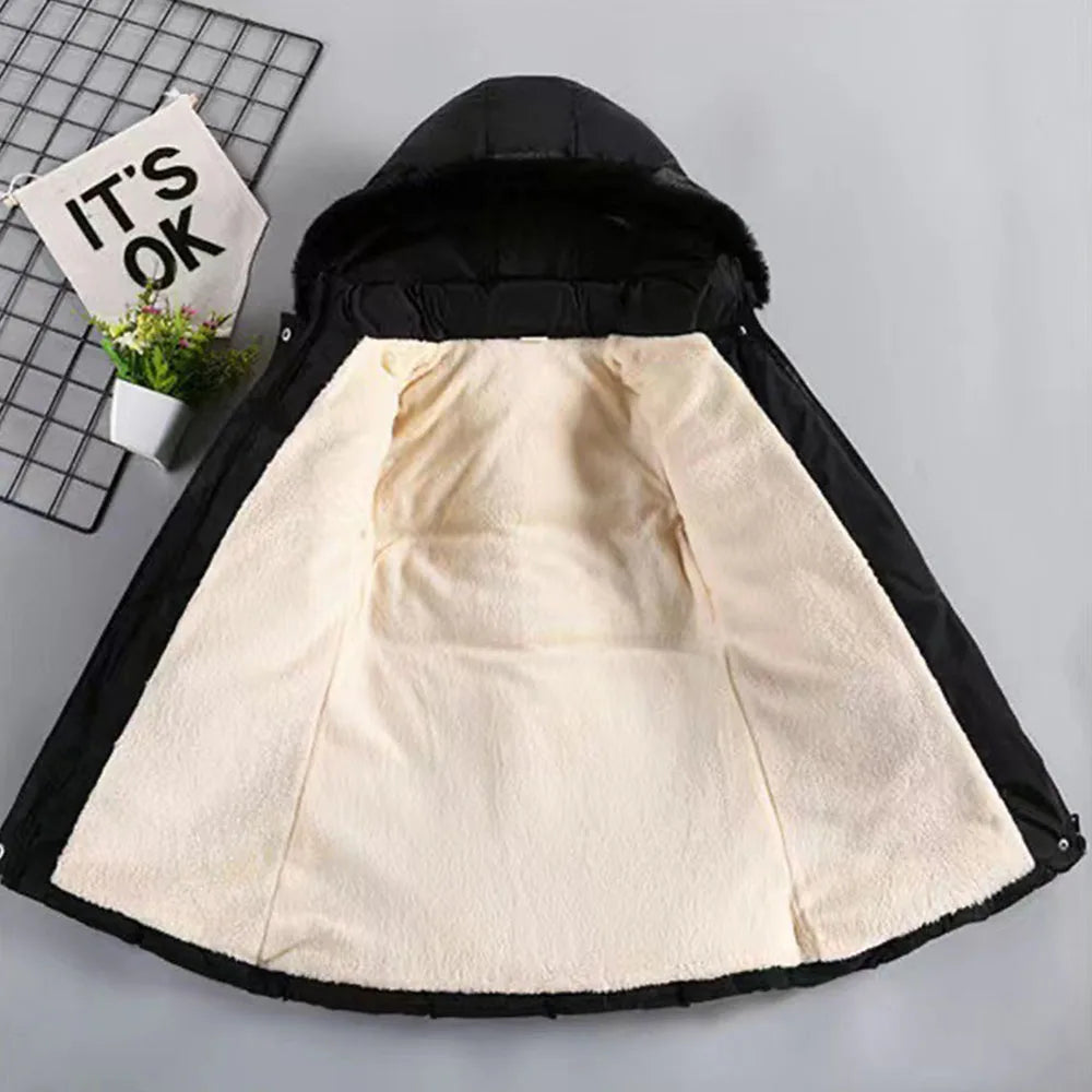 2025 Newyear Clothes Girls Winter Coat Kids Snow Puffer Jacket Hooded Warm With Waist Belt and Pockets