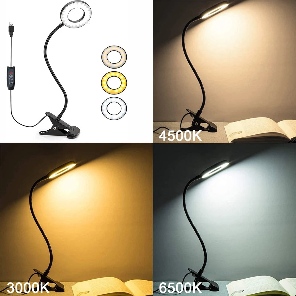 48 LEDs Clip on Desk Lamp 360°Flexible Gooseneck Reading Table Light Eye-Caring USB Clamp Books Night Light Study Read Light
