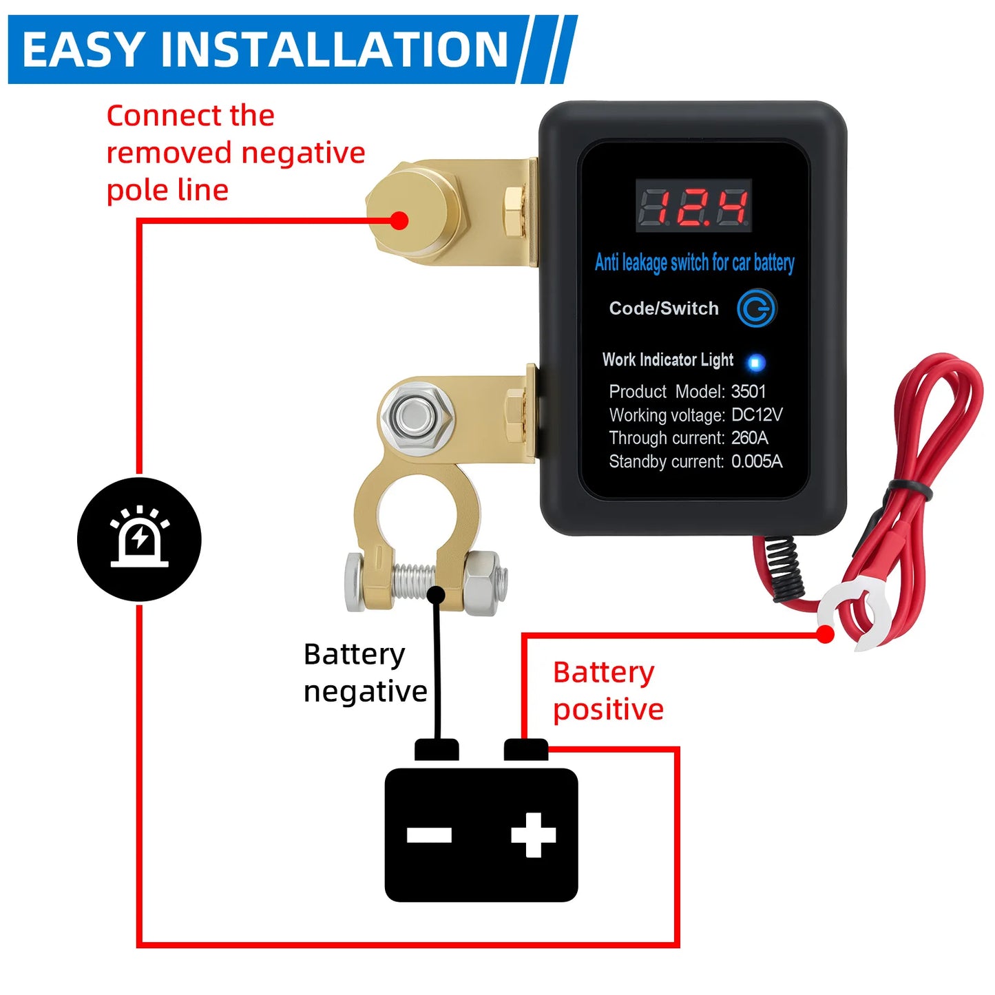 DC 12V Battery Disconnect Switch with LED Car Automatic Power Shut Off Switch 260A Battery Kill Switch Remote Battery Disconnect