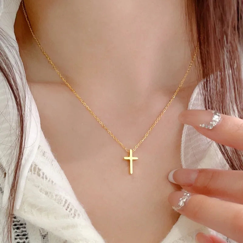 Stainless Steel Cross Necklac Gold Color Necklace for Women Men Exquisite Chain Necklaces Birthday Present Jewelry Accessories