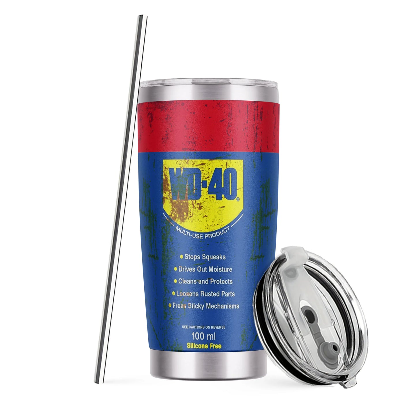 WD-40 Themed Stainless Steel Tumbler, 20 oz, with Straw and Lid, Distressed Design