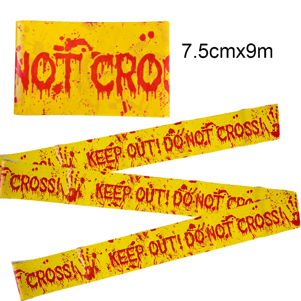 Halloween Warning Tape Wall Door Window Blood Handprint Footprint Stickers Halloween Theme Party Horror Scene Decor Supplies