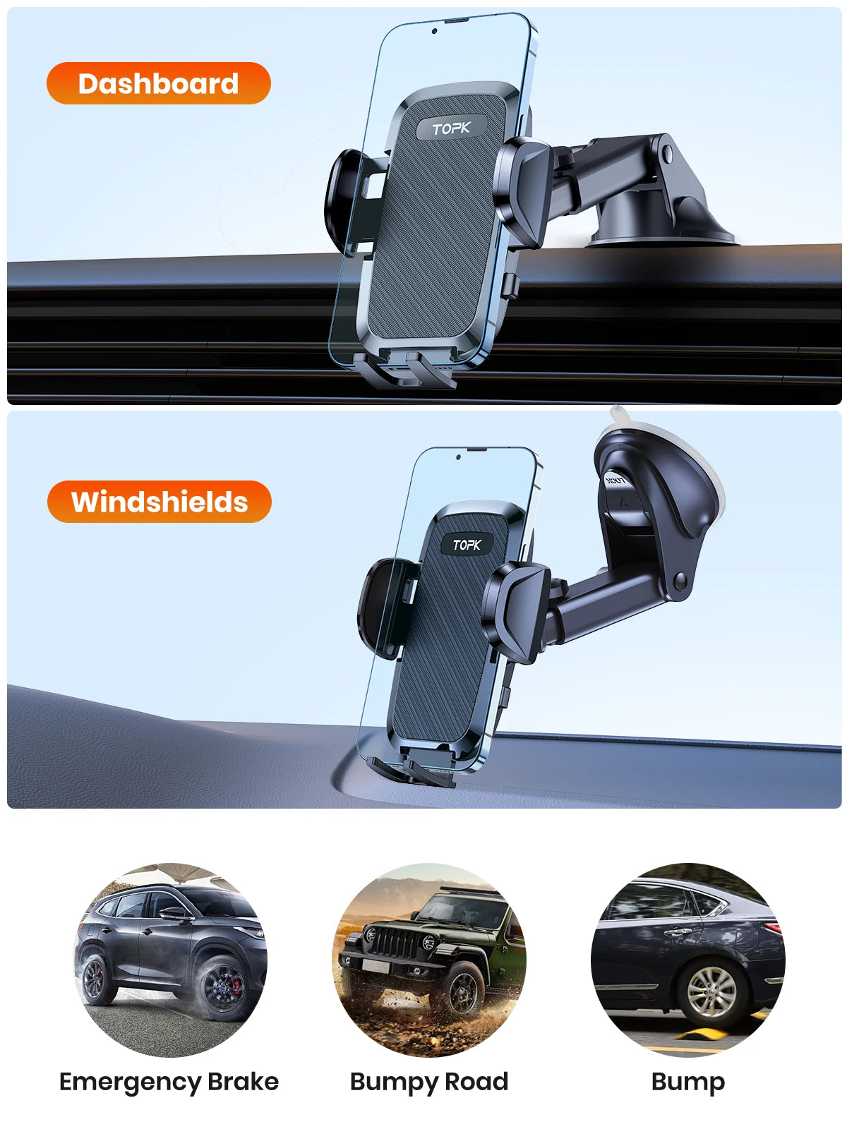TOPK Car Phone Holder 4 in 1 Super Stable Car Phone Mount for Car Dashboard/Windscreen/Air Vent Compatible with All Mobile Phone