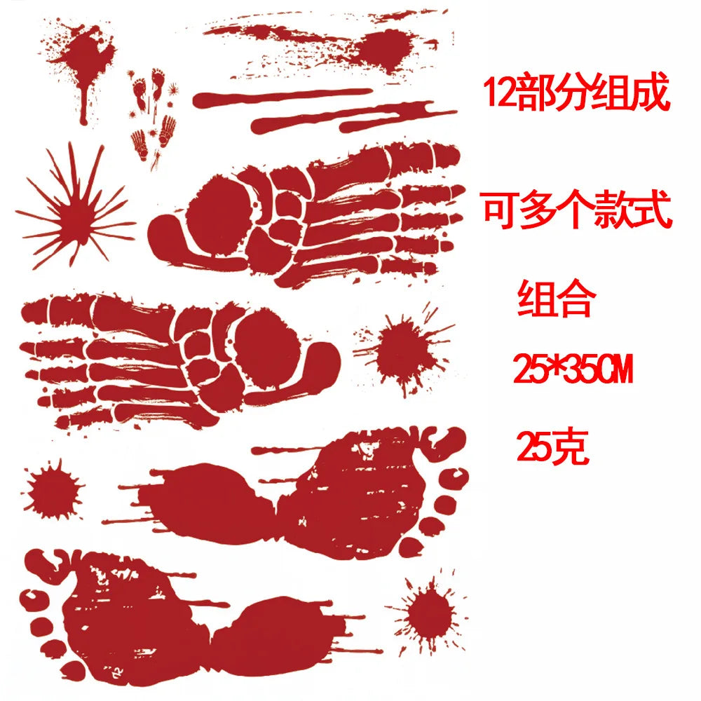 Halloween Warning Tape Wall Door Window Blood Handprint Footprint Stickers Halloween Theme Party Horror Scene Decor Supplies