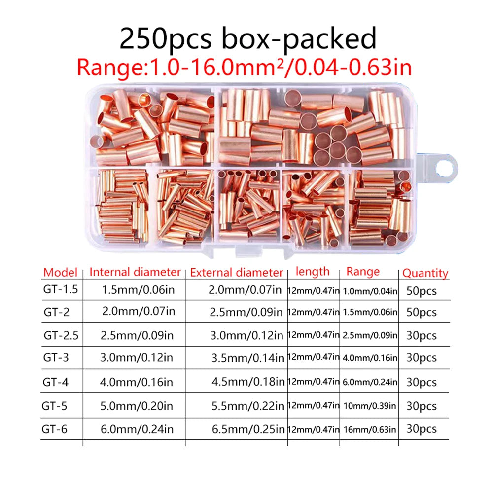 250pcs GT Copper Connecting Pipe Wire Joint Small Copper Bootlace Ferrule Kit with Crimping Pliers