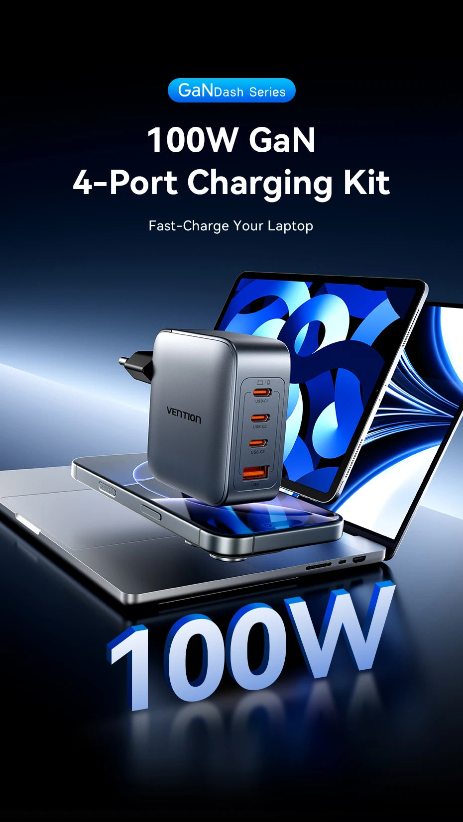 Vention 100W GaN Charger 4 Ports USB C Charger Quick Charge For Macbook Laptop Tablet PD Fast Charger For iPhone 16 15 14 Pro