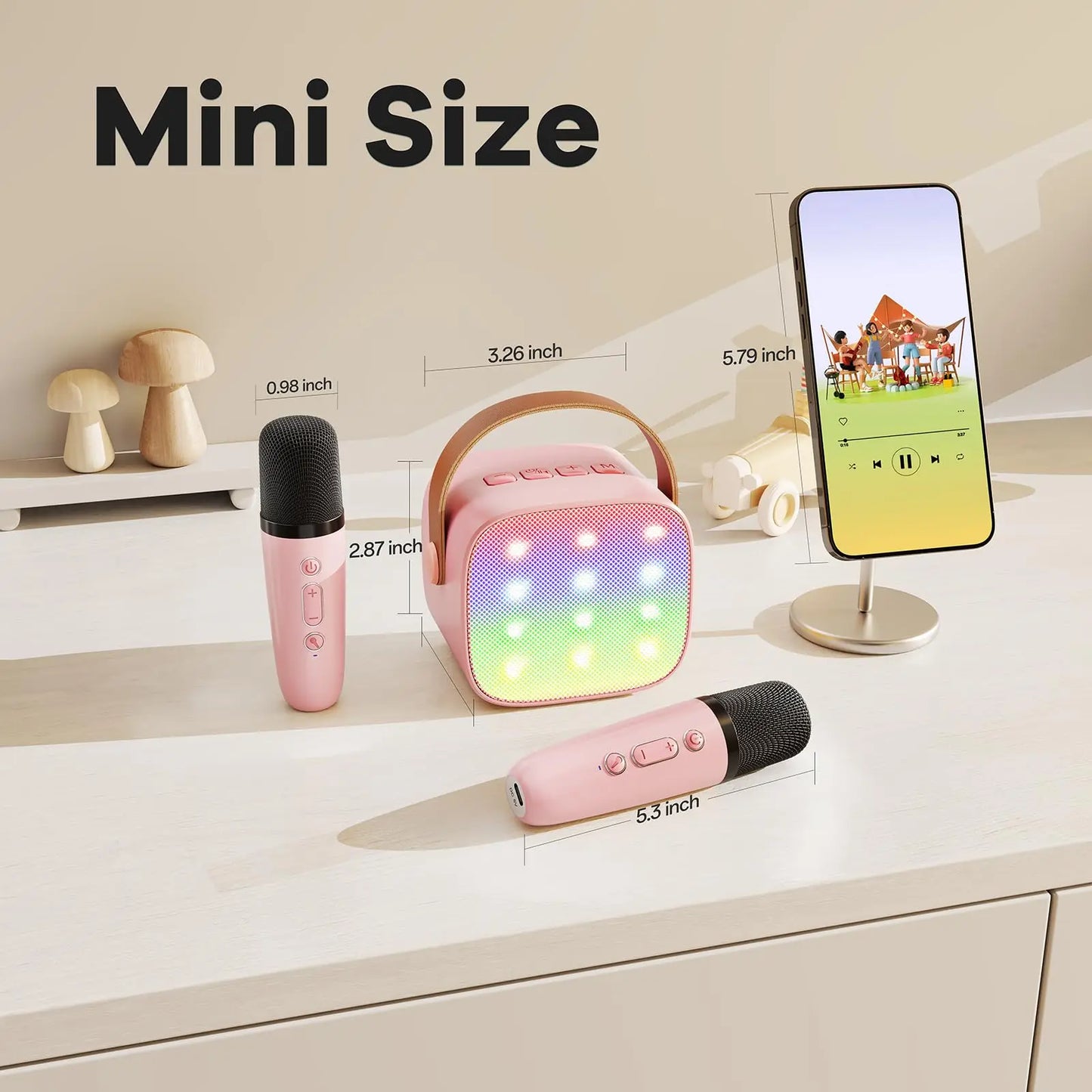 Mini Karaoke Machine Portable Bluetooth 5.3 PA Speaker with 2 Wireless Microphones for Home Family Singing Gift K12