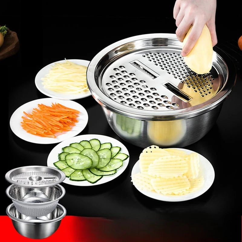 3PCS/1Set Vegetable Slicer, Stainless Steel Slicer, Potato Slicer, Vegetable Washing Basin, Drain Basket, Multifunctional