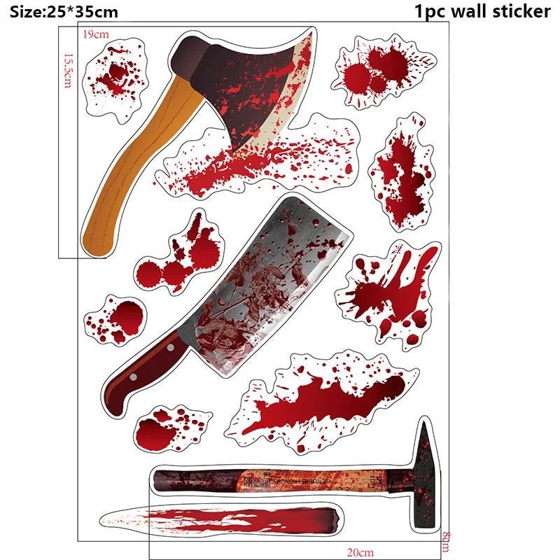 Halloween Warning Tape Wall Door Window Blood Handprint Footprint Stickers Halloween Theme Party Horror Scene Decor Supplies