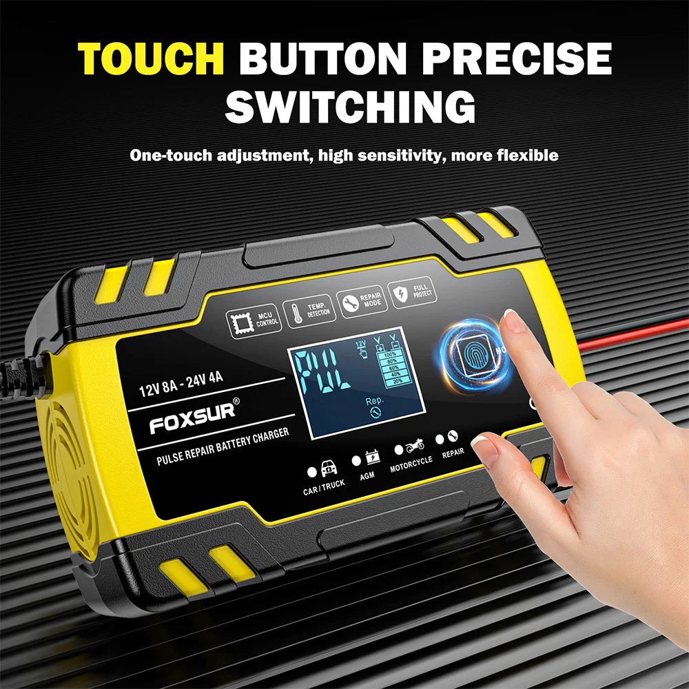 12V 8A/24V 4A Car Battery Charger Automatic Start Fast Charger Use For Car Motorcycle Truck AGM Deepcycle GEL Lead-Acid Battery