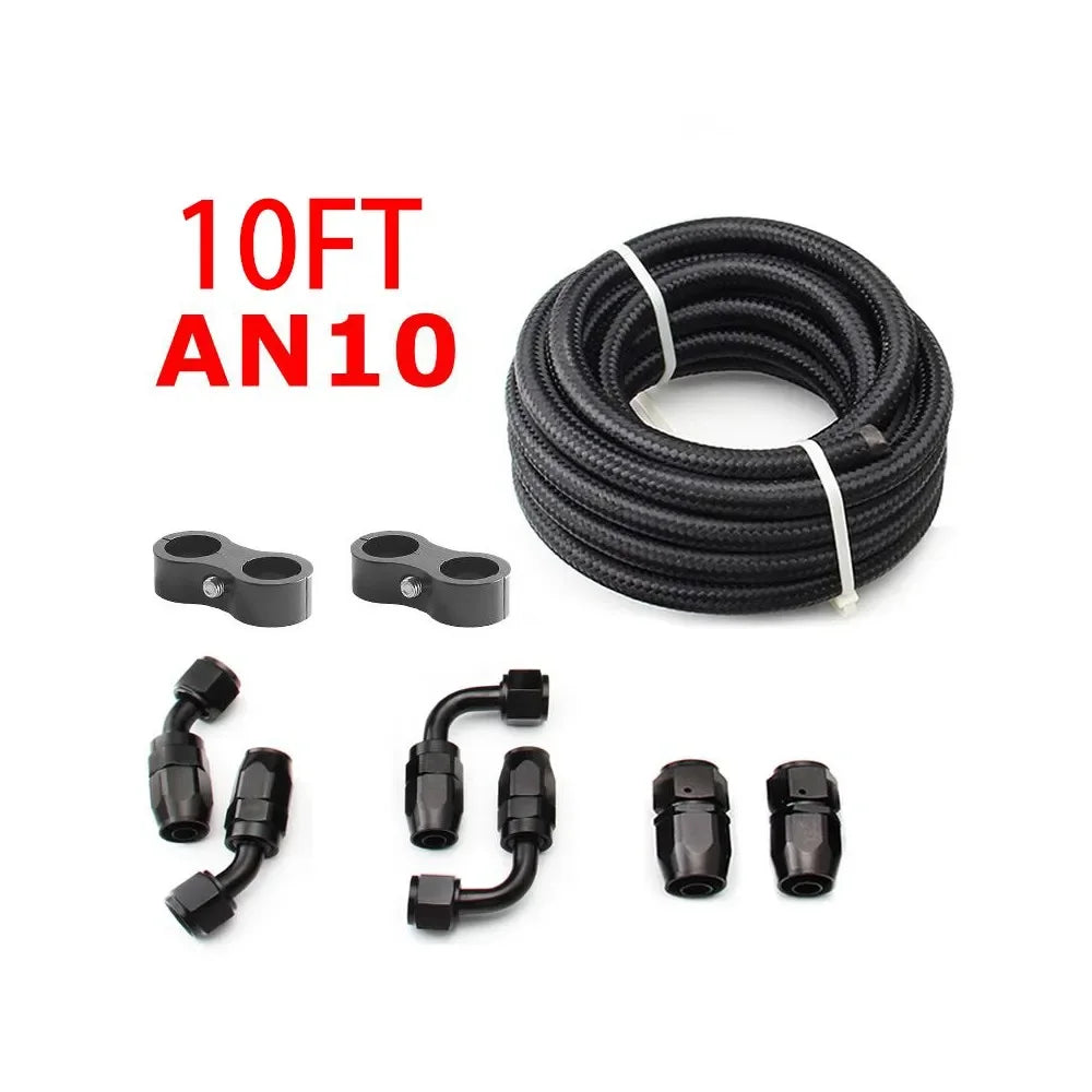 10FT AN6/AN8/AN10 Oil Fuel Fittings Hose End 0+45+90+180 Degree Oil Adaptor Kit Braided Oil Fuel Hose Line 3M Black With Clamps