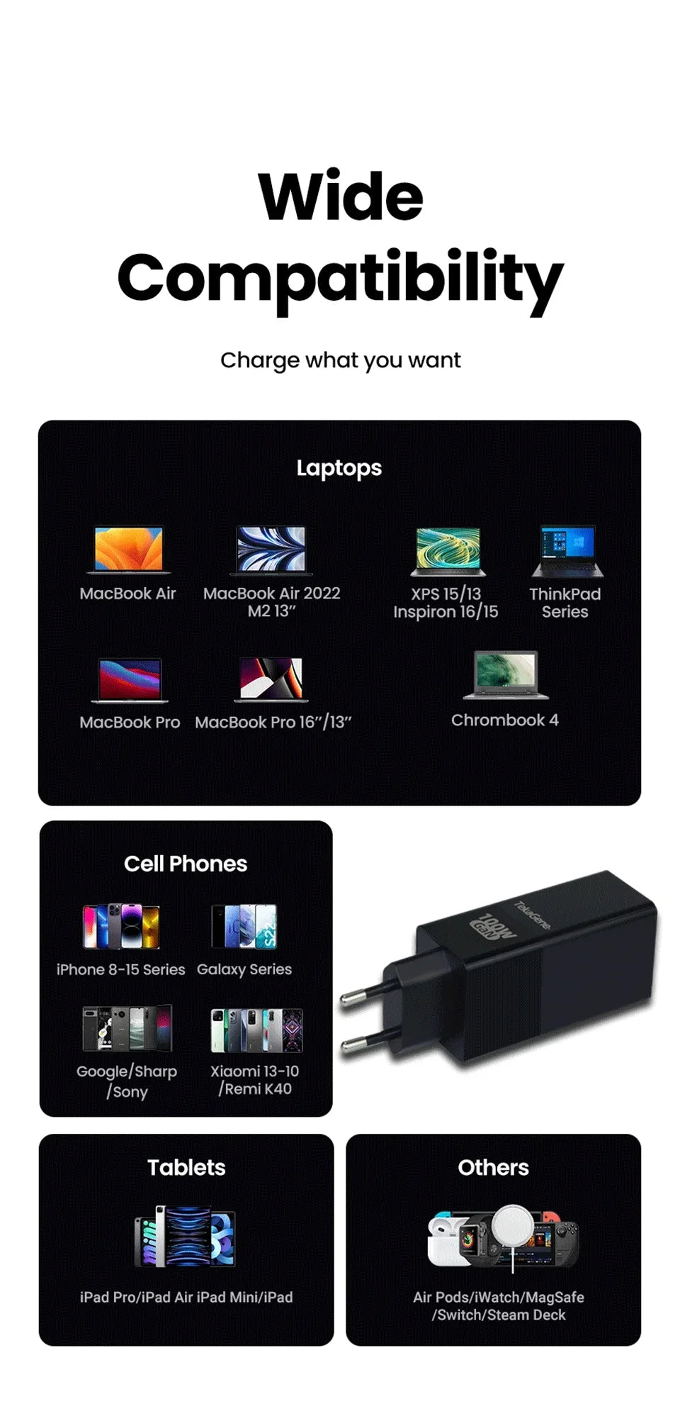 PD 100W GaN Charger USB Type C Fast Charger With Quick Charge 4.0 3.0 USB Phone Charger For iPhone 16 Pro Max Galaxy S24 Laptop