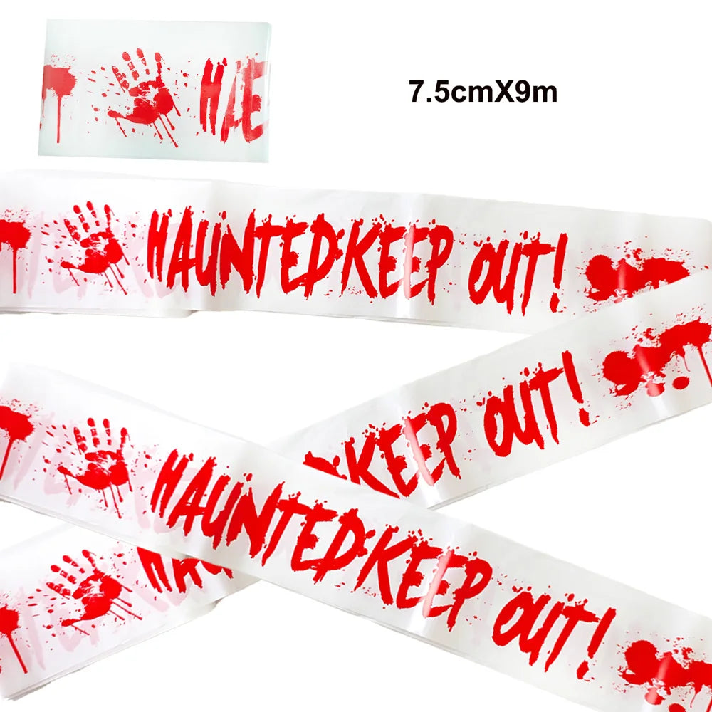 Halloween Warning Tape Wall Door Window Blood Handprint Footprint Stickers Halloween Theme Party Horror Scene Decor Supplies